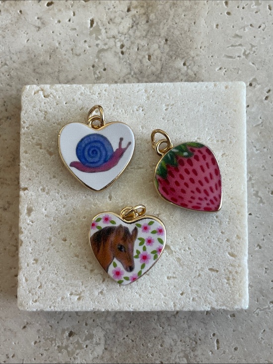 Jewelry - Porcelain Heart Charm Set Strawberry Snail Horse Ceramic Pendant Lot